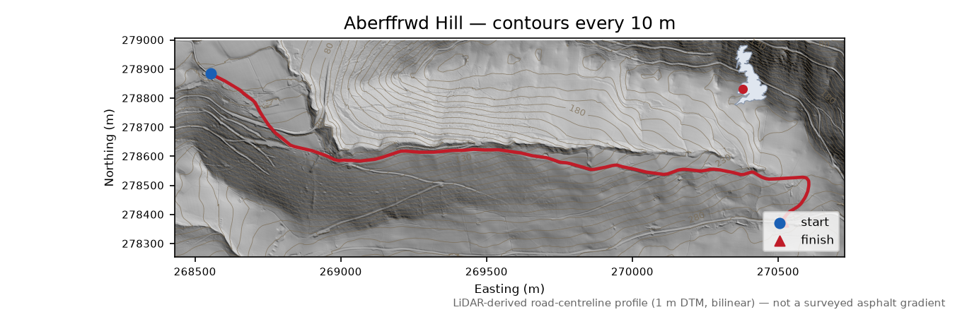 Aberffrwd Hill LiDAR hillshade map with contours