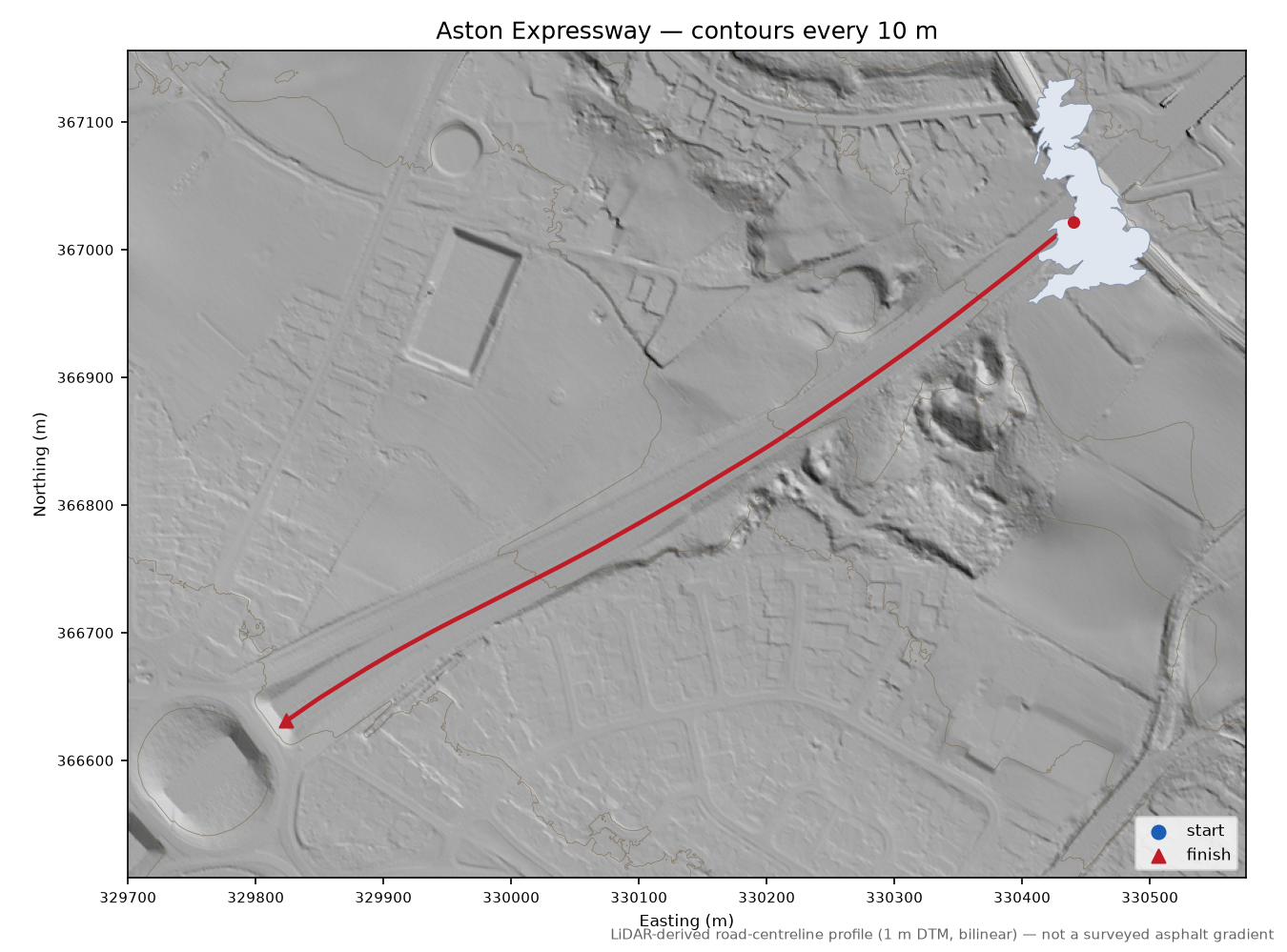 Aston Expressway LiDAR hillshade map with contours