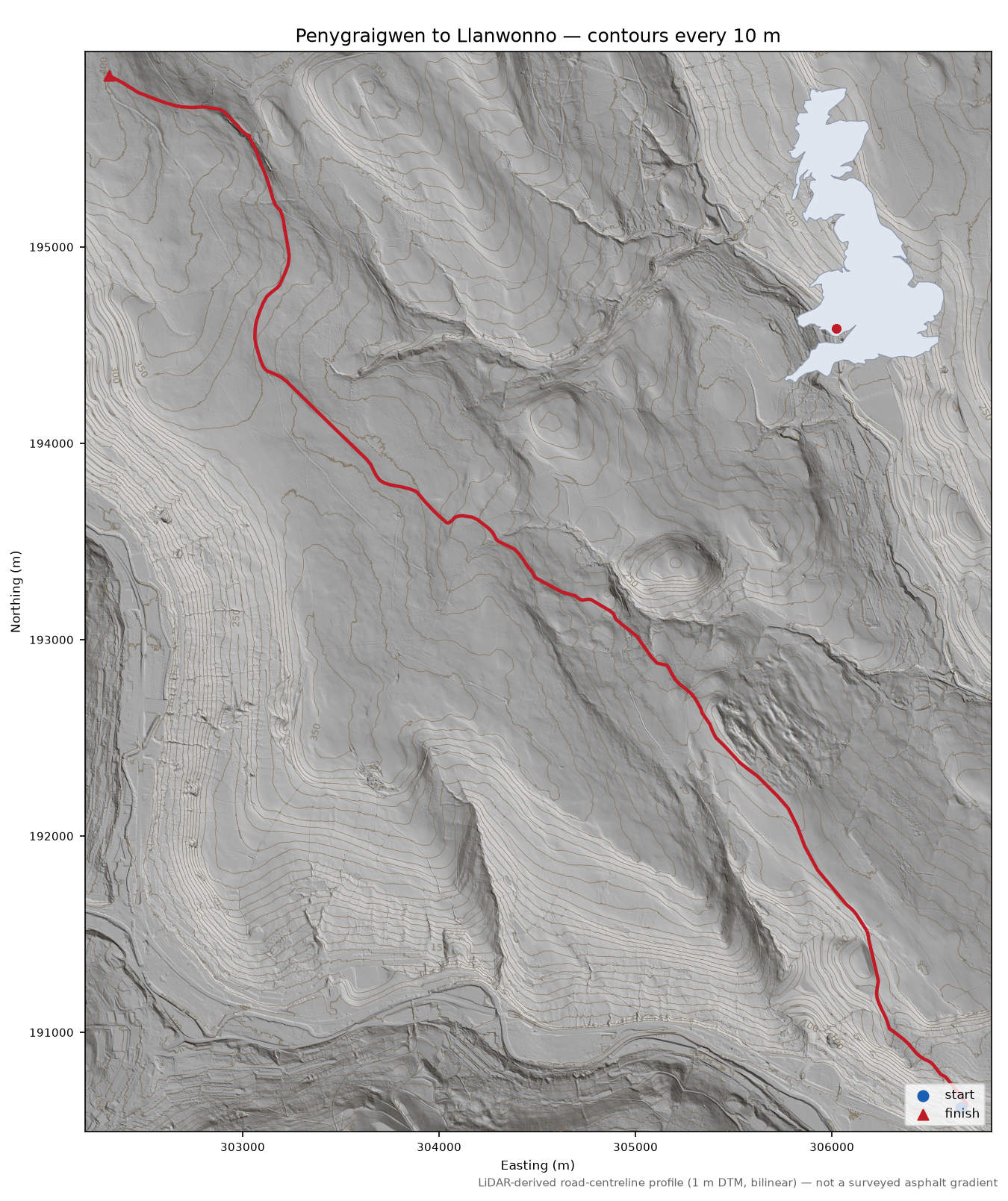 Penygraigwen to Llanwonno LiDAR hillshade map with contours