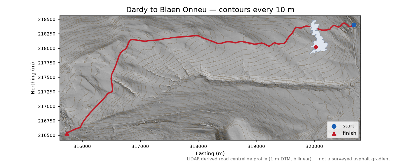 Dardy to Blaen Onneu LiDAR hillshade map with contours