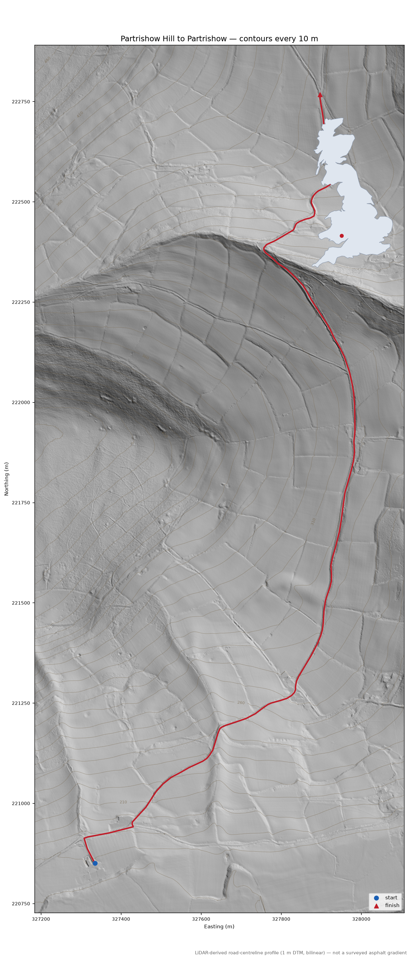 Partrishow Hill to Partrishow LiDAR hillshade map with contours