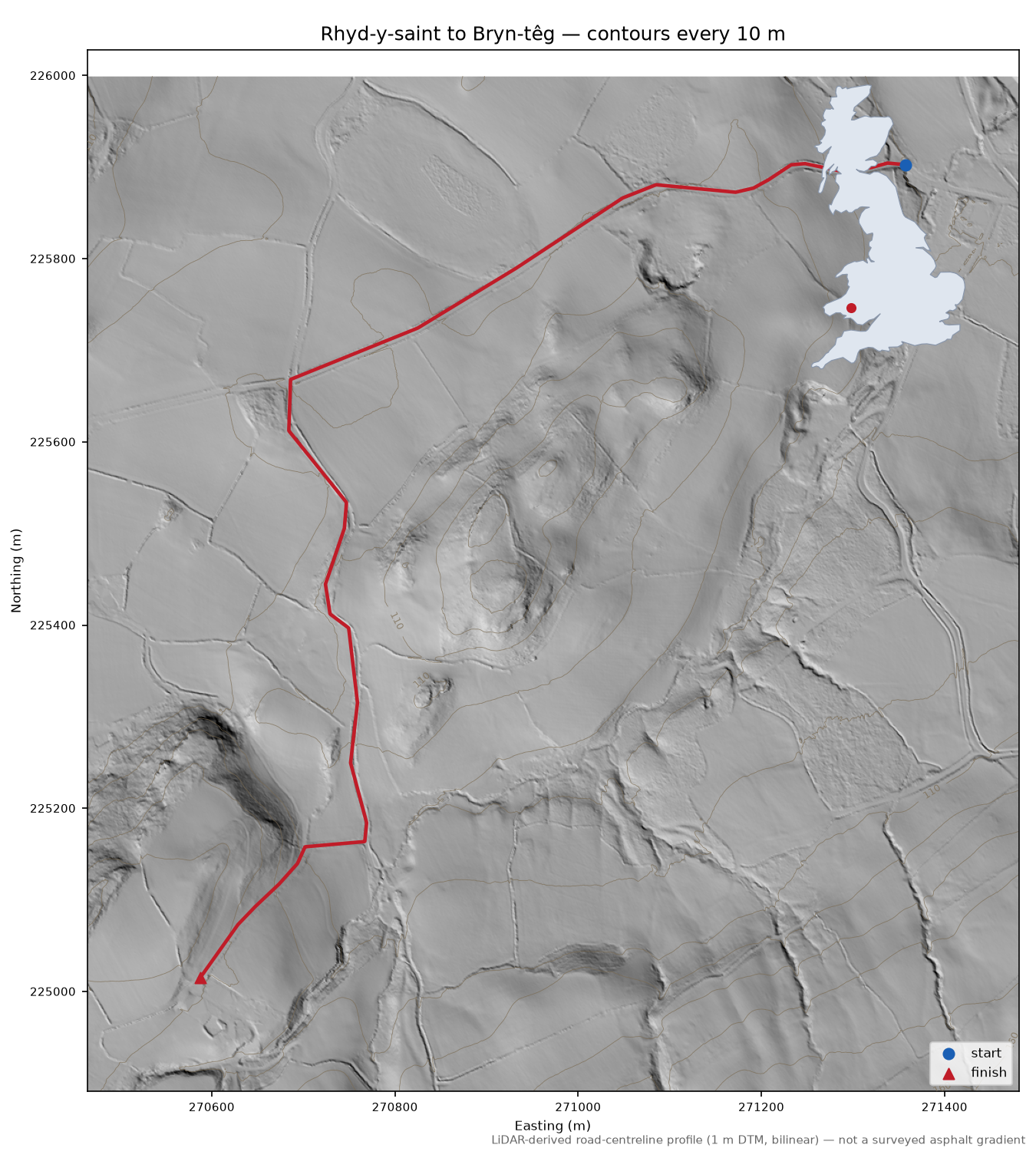 Rhyd-y-saint to Bryn-têg LiDAR hillshade map with contours