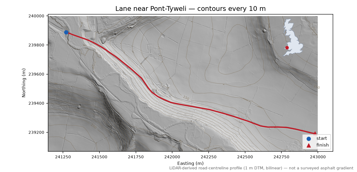 Lane near Pont-Tyweli LiDAR hillshade map with contours