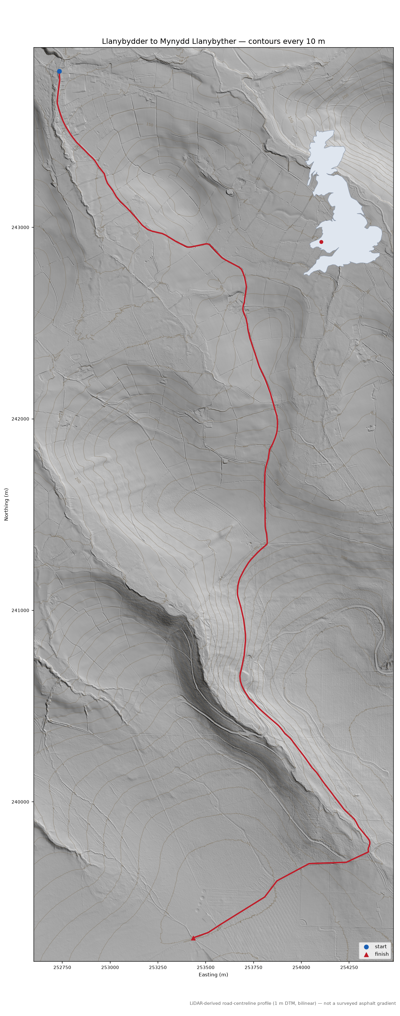 Llanybydder to Mynydd Llanybyther LiDAR hillshade map with contours