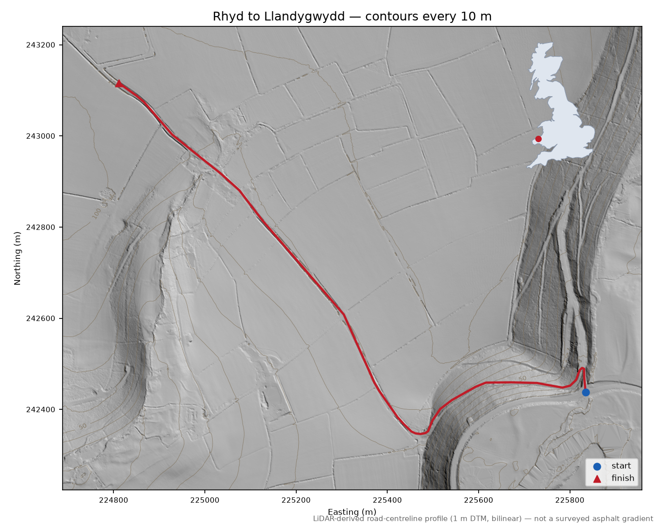 Rhyd to Llandygwydd LiDAR hillshade map with contours