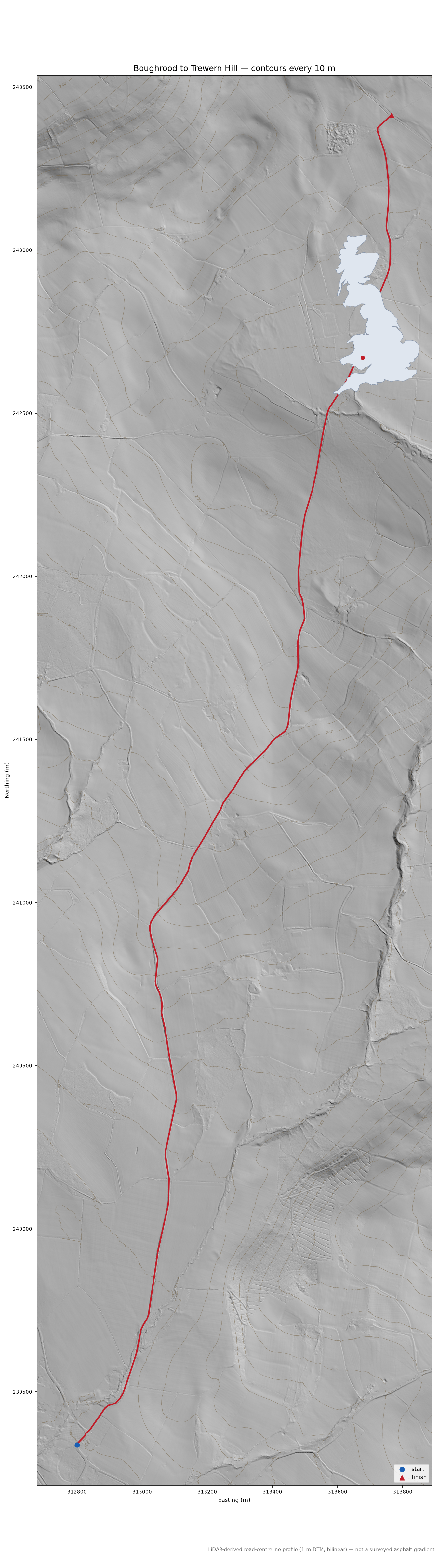 Boughrood to Trewern Hill LiDAR hillshade map with contours