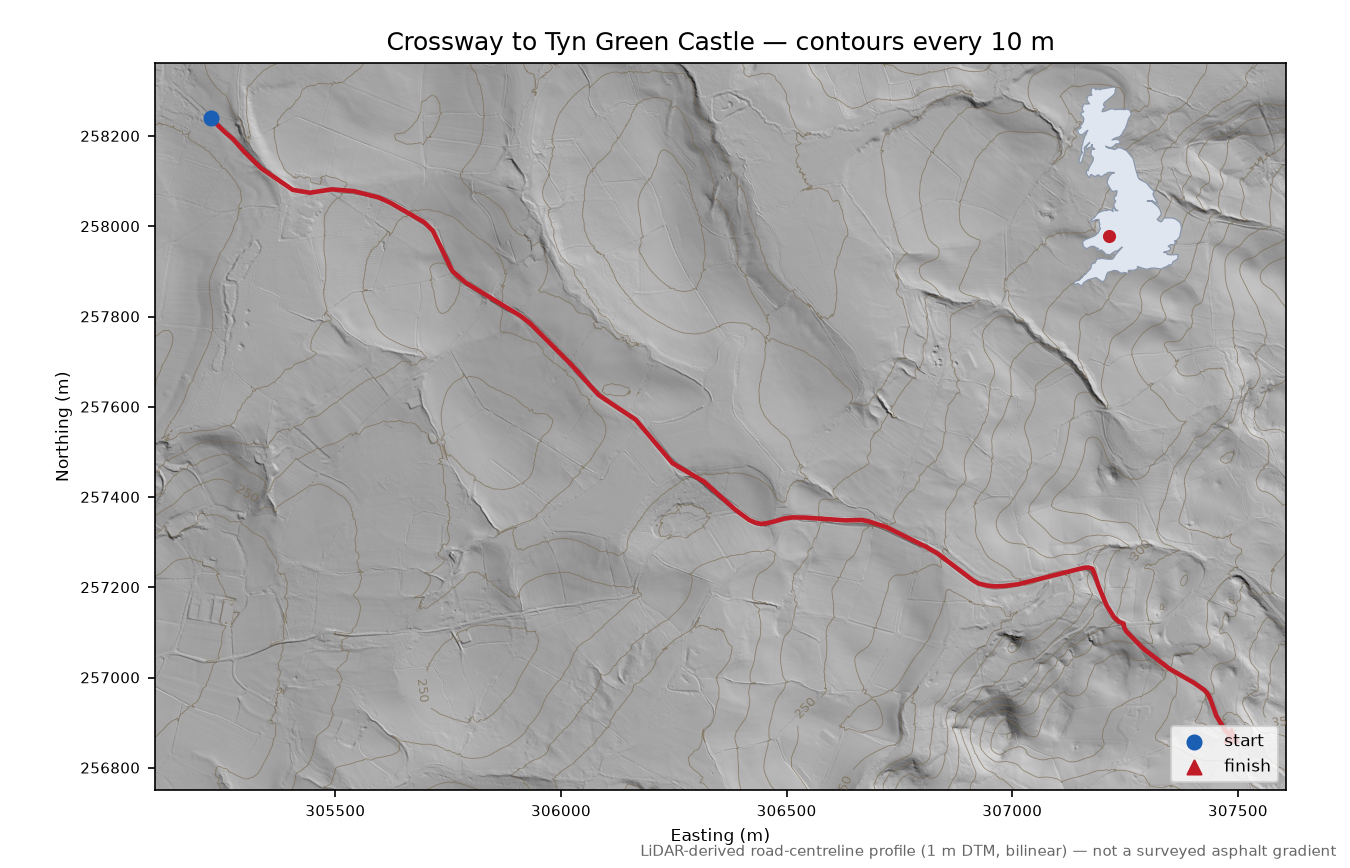 Crossway to Tyn Green Castle LiDAR hillshade map with contours