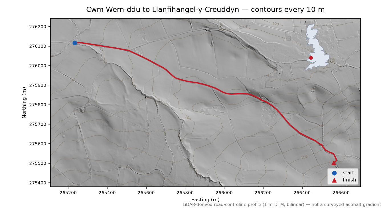 Cwm Wern-ddu to Llanfihangel-y-Creuddyn LiDAR hillshade map with contours