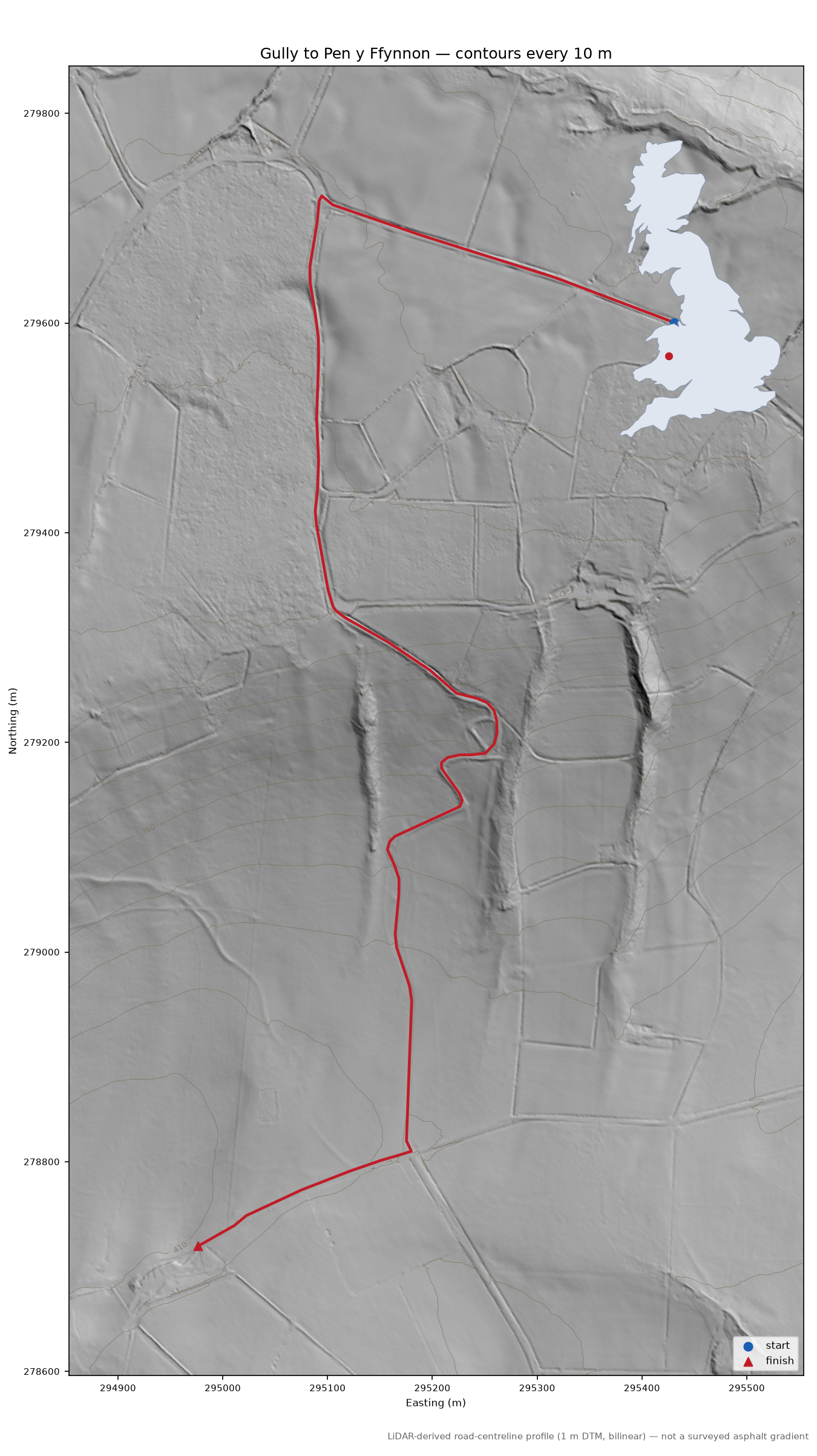 Gully to Pen y Ffynnon LiDAR hillshade map with contours