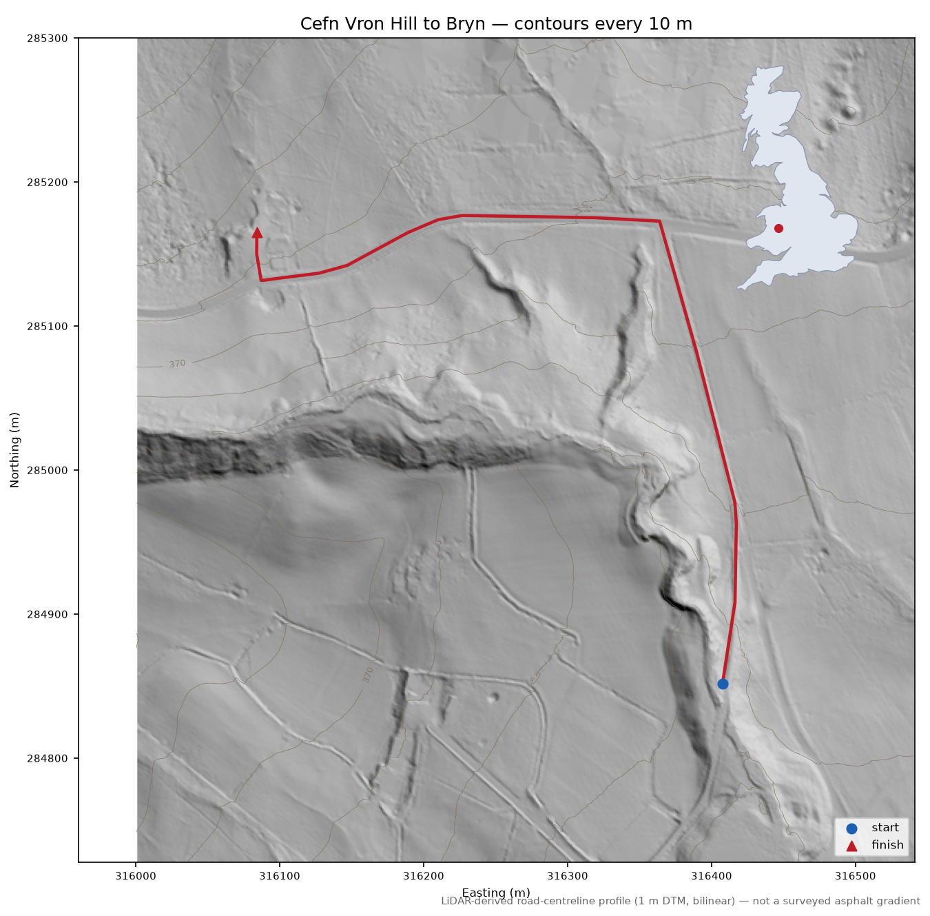 Cefn Vron Hill to Bryn LiDAR hillshade map with contours