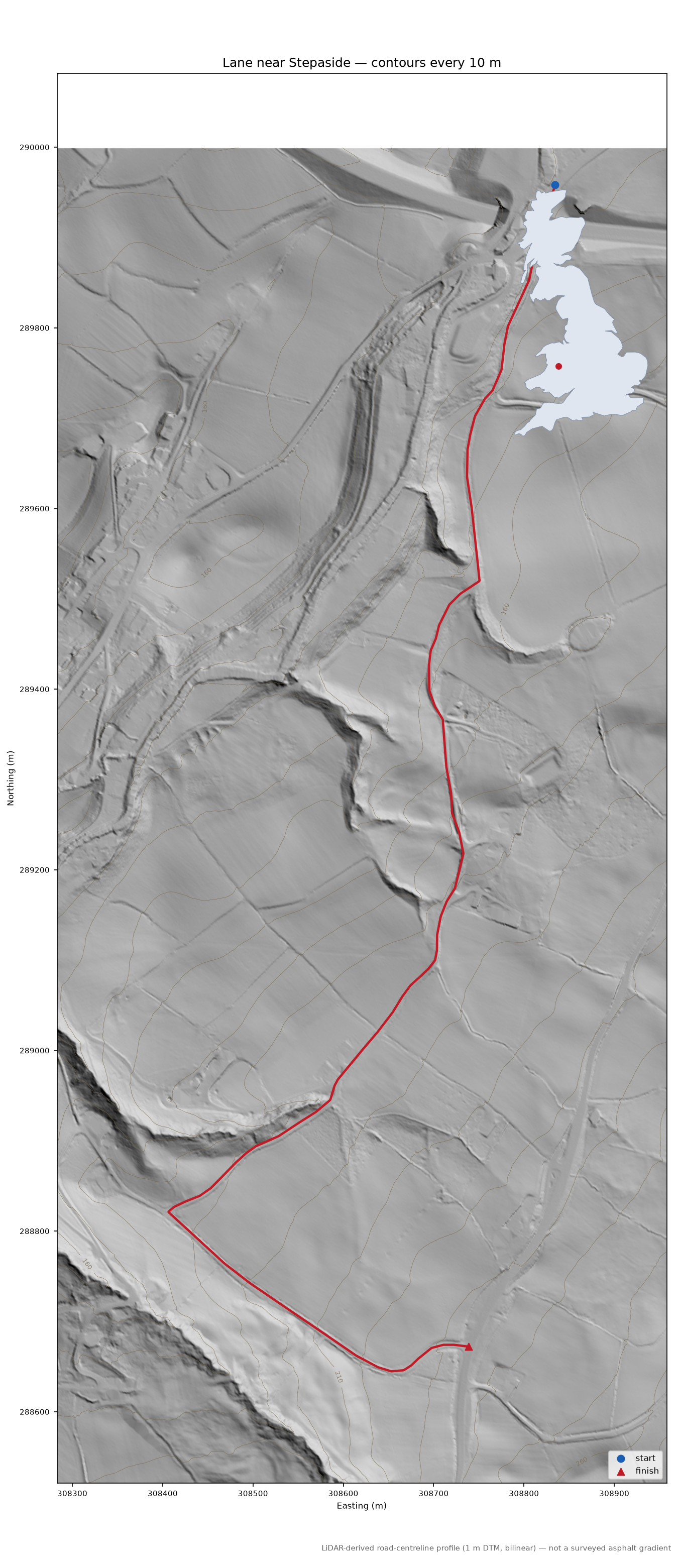 Lane near Stepaside LiDAR hillshade map with contours