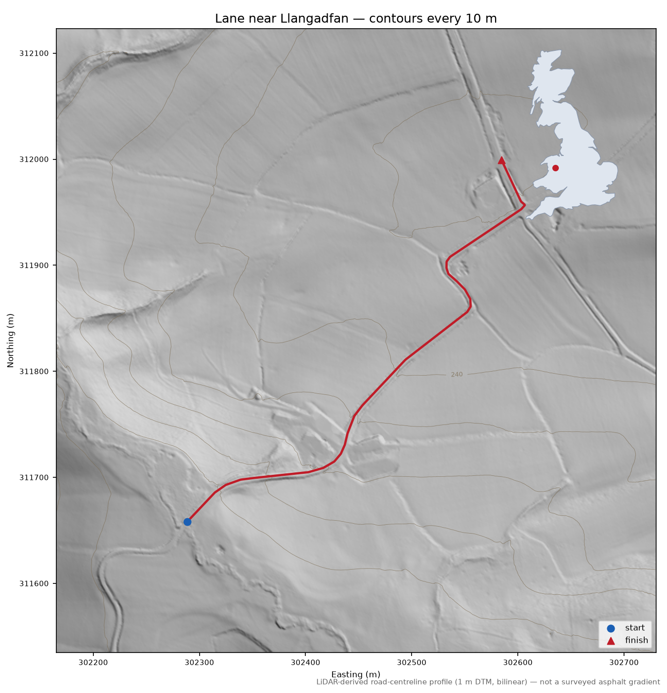 Lane near Llangadfan LiDAR hillshade map with contours