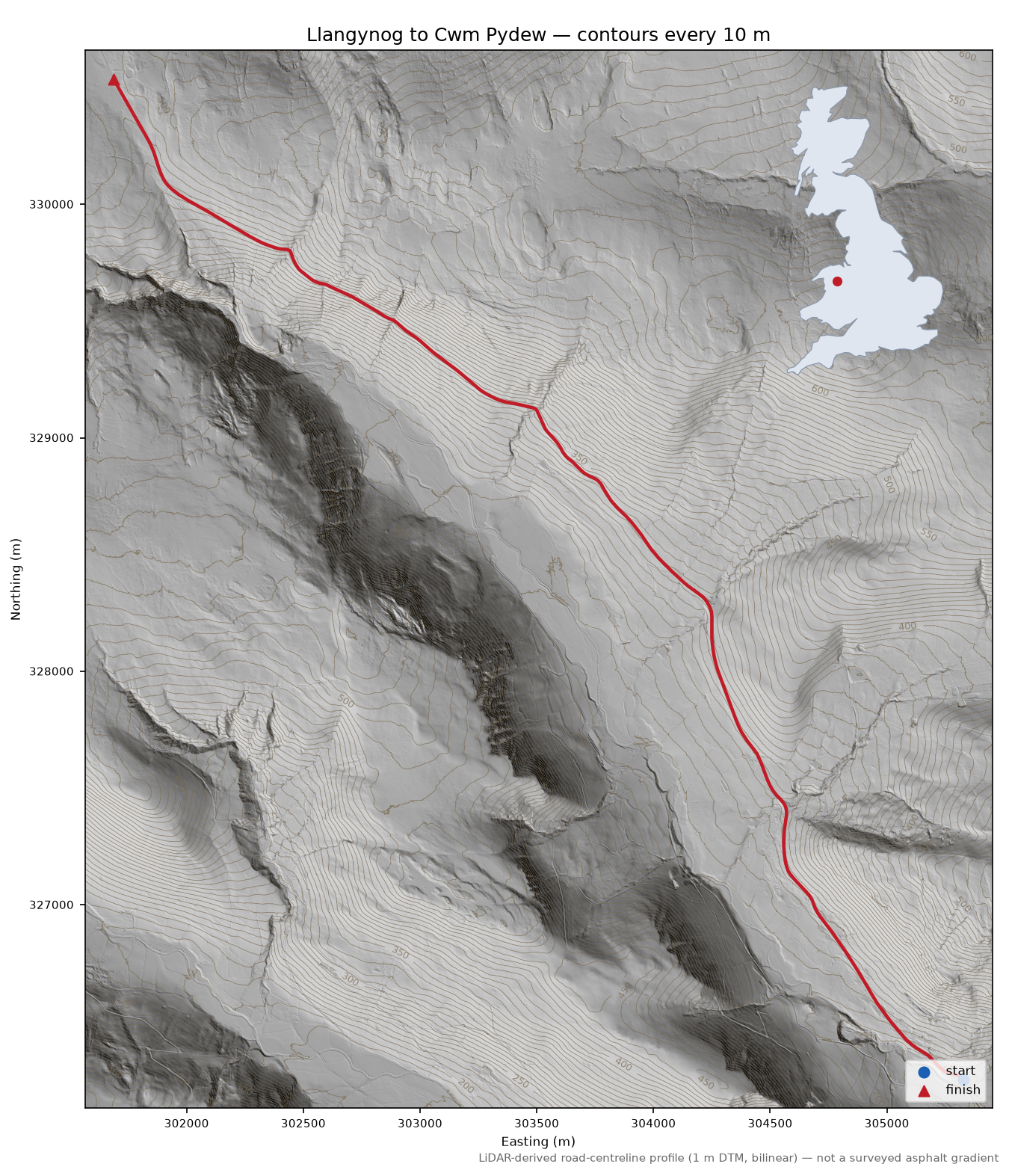 Milltir Gerrig LiDAR hillshade map with contours