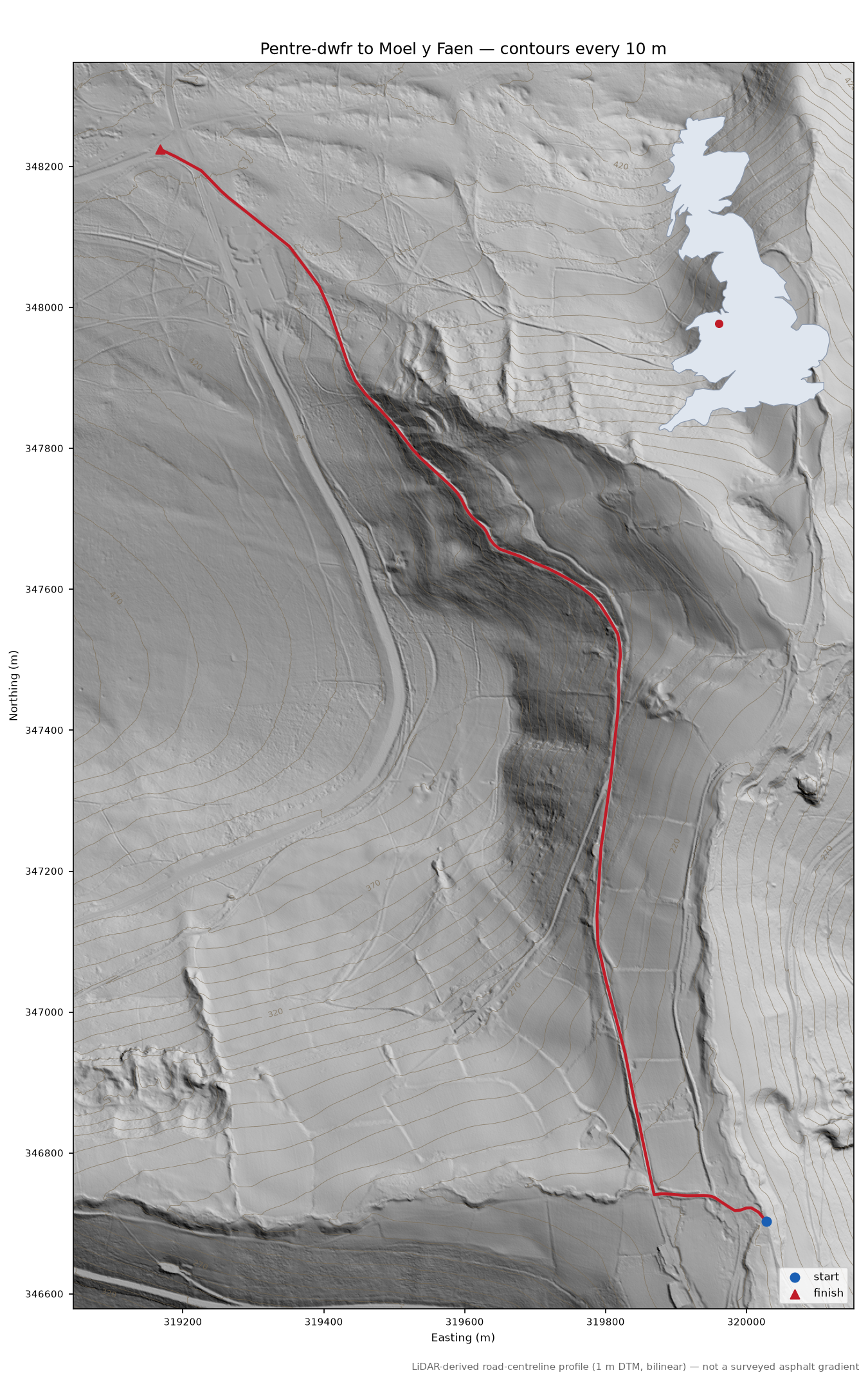 Pentre-dwfr to Moel y Faen LiDAR hillshade map with contours