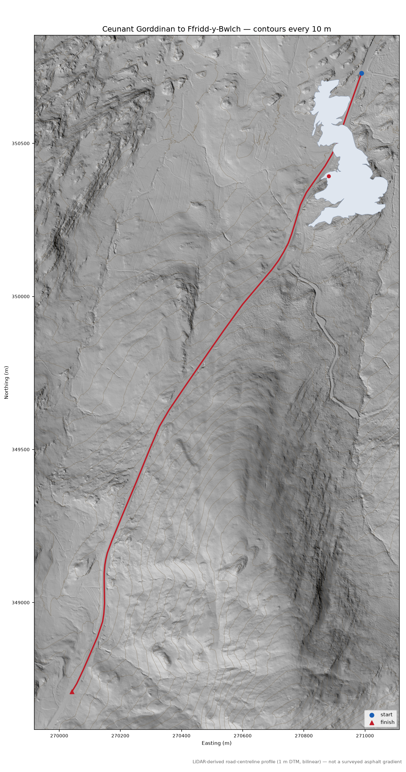 Ceunant Gorddinan to Ffridd-y-Bwlch LiDAR hillshade map with contours