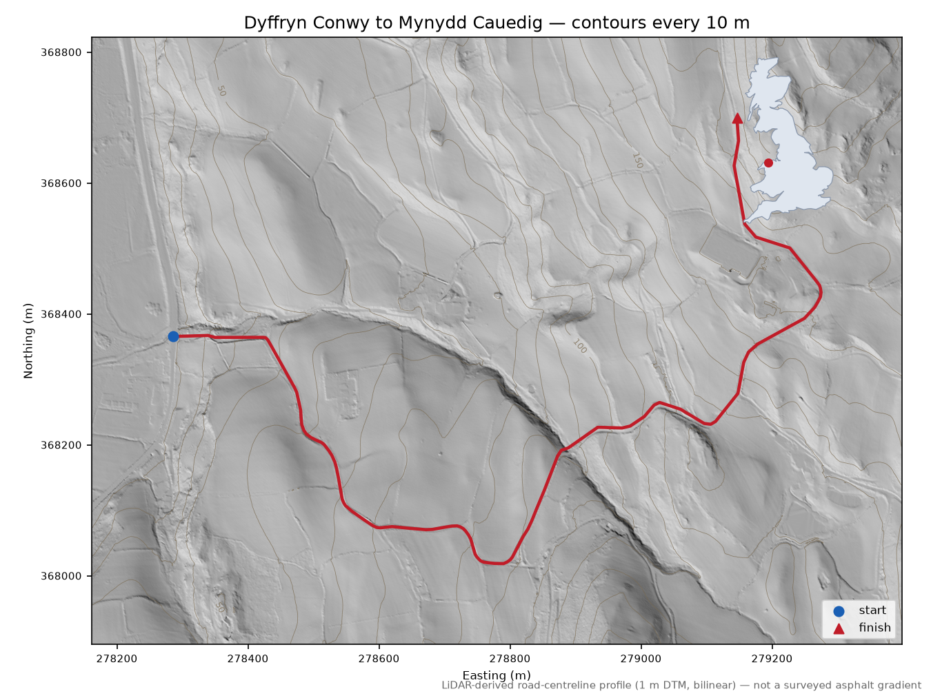 Dyffryn Conwy to Mynydd Cauedig LiDAR hillshade map with contours