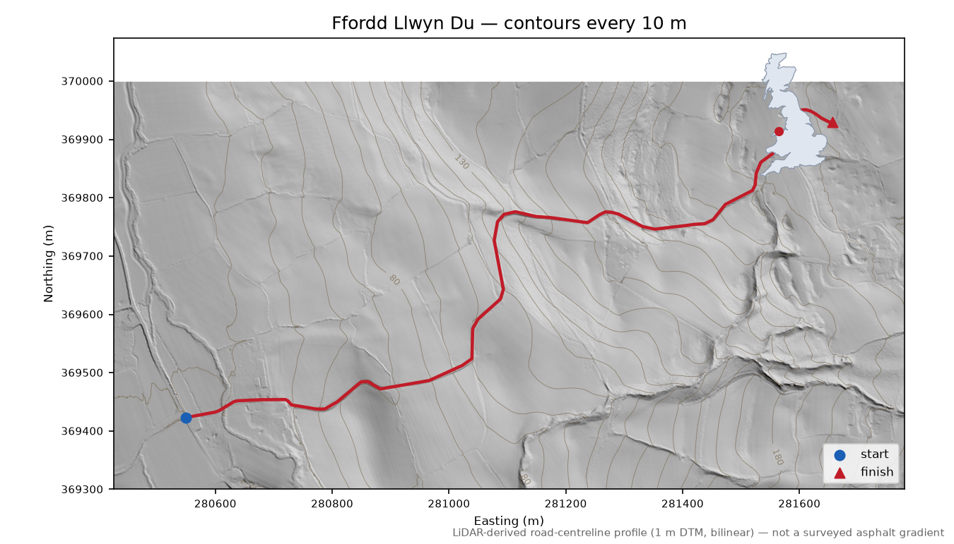 Ffordd Llwyn Du LiDAR hillshade map with contours