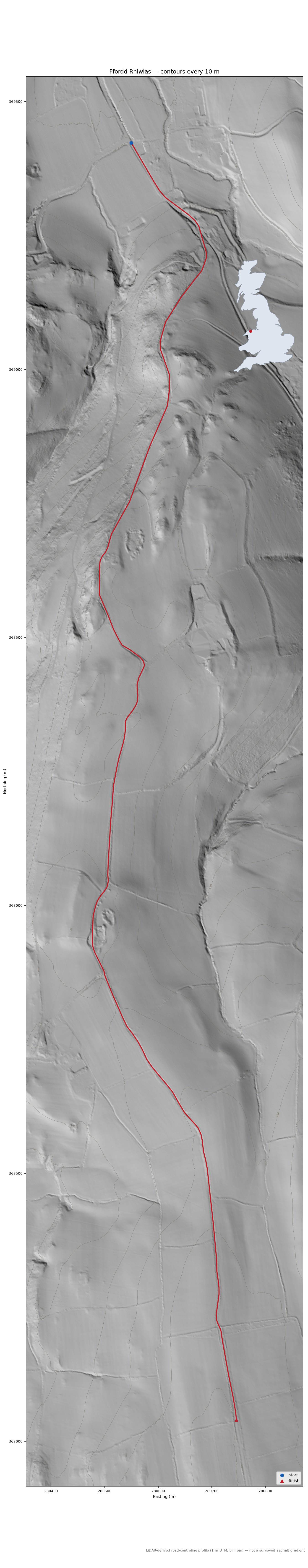 Ffordd Rhiwlas LiDAR hillshade map with contours