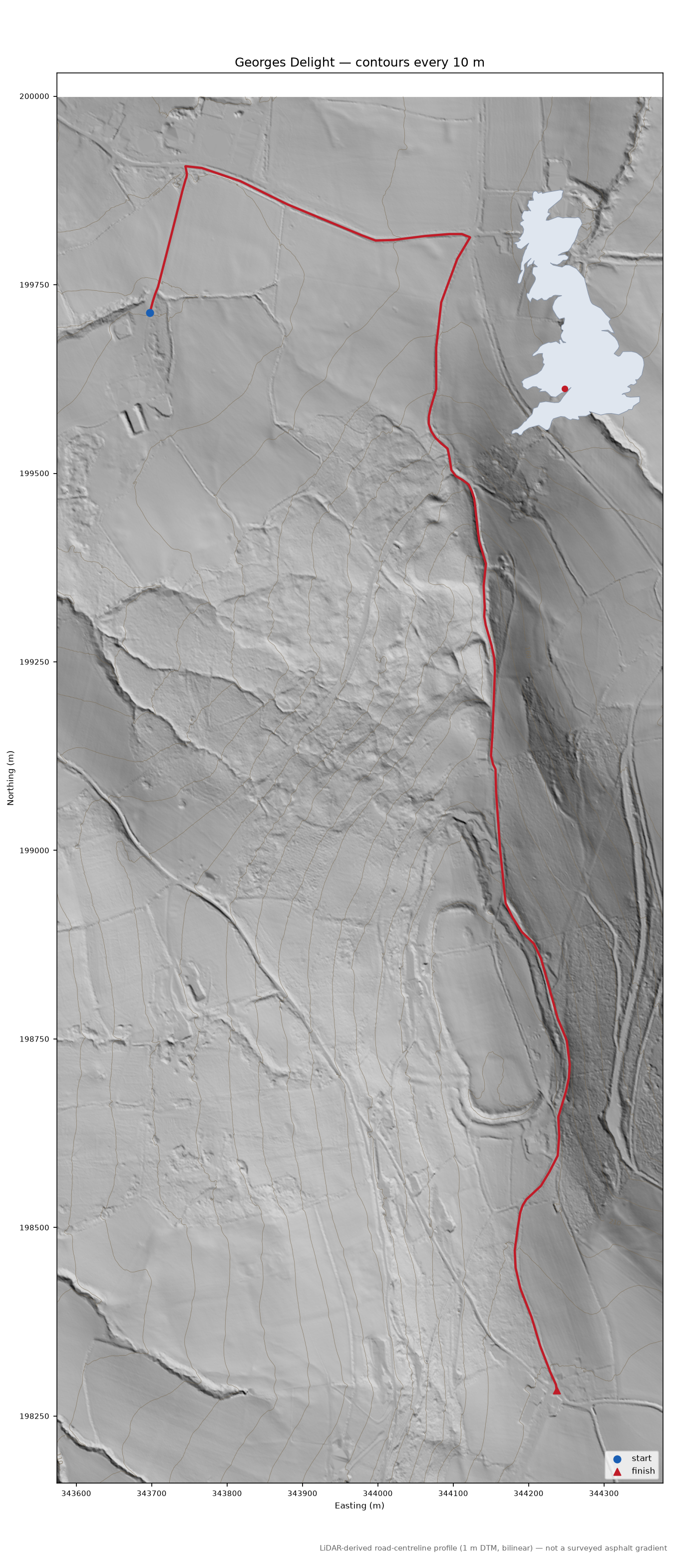 Georges Delight LiDAR hillshade map with contours