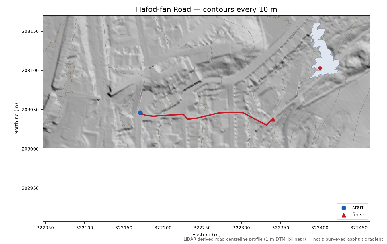 Hafod-fan Road LiDAR hillshade map with contours
