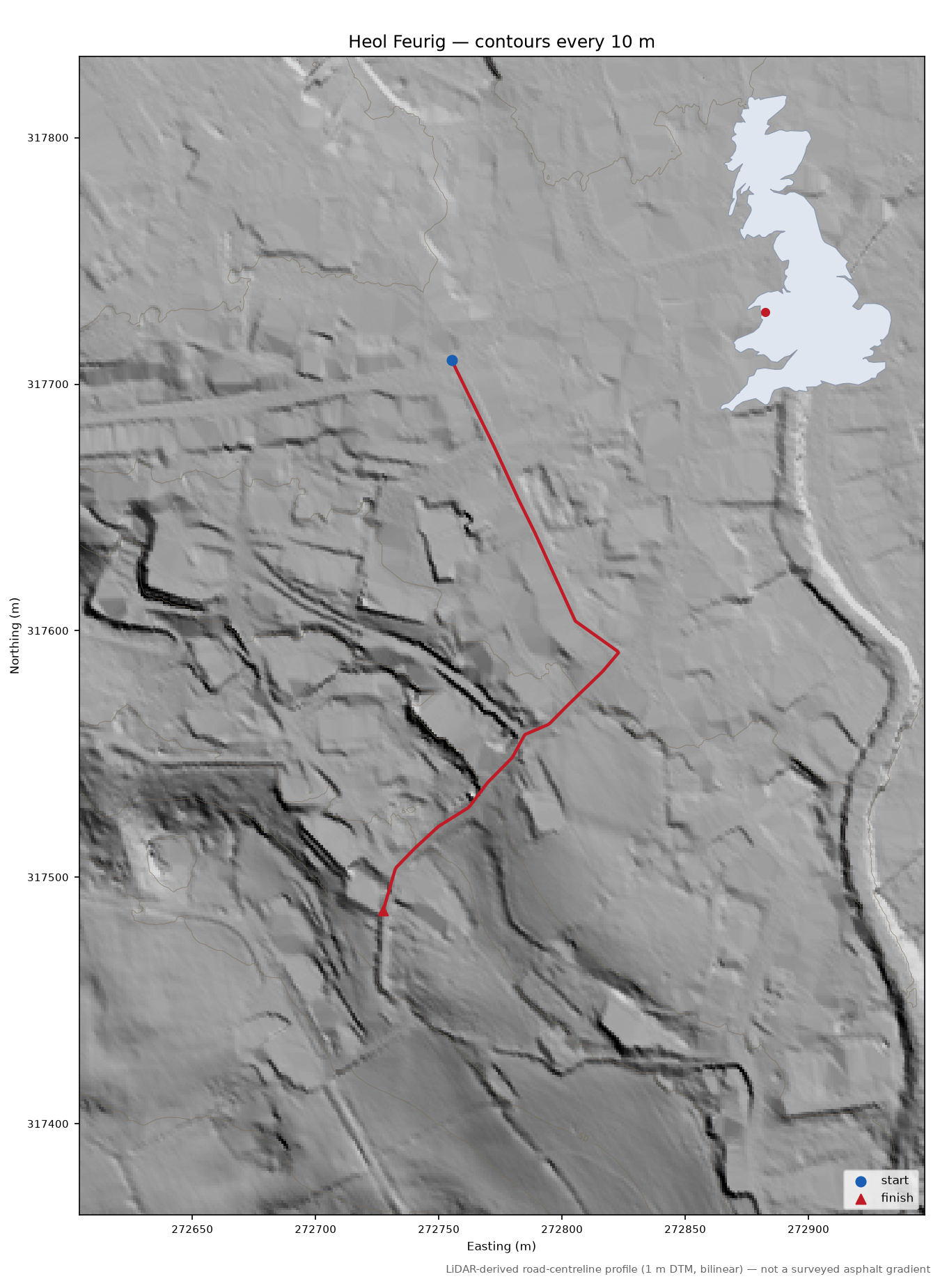 Heol Feurig LiDAR hillshade map with contours