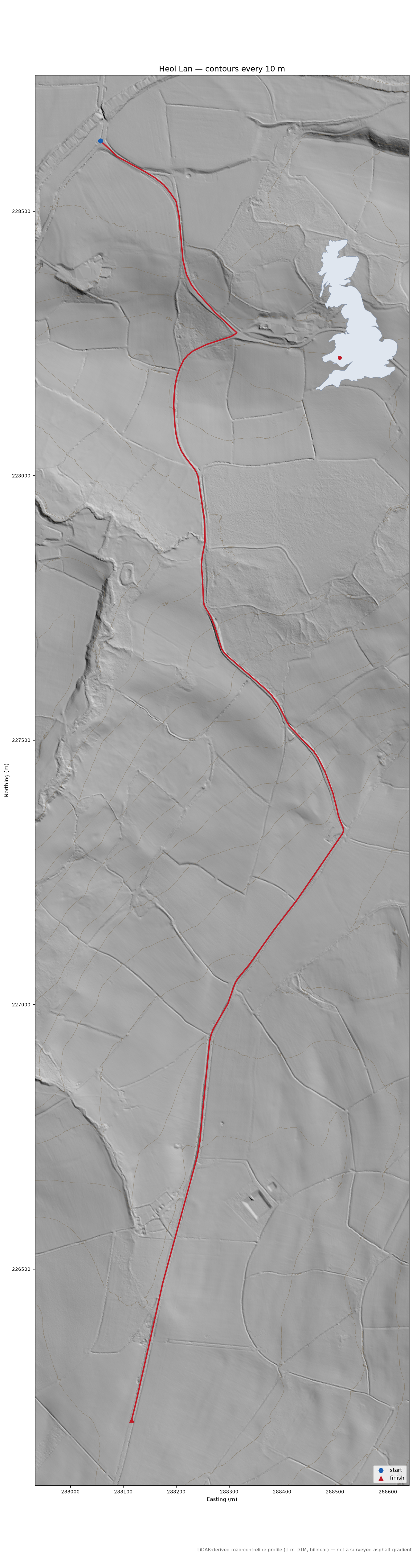 Heol Lan LiDAR hillshade map with contours