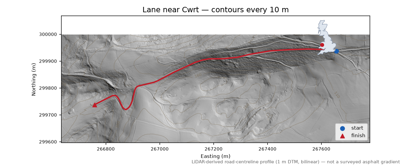 Lane near Cwrt LiDAR hillshade map with contours
