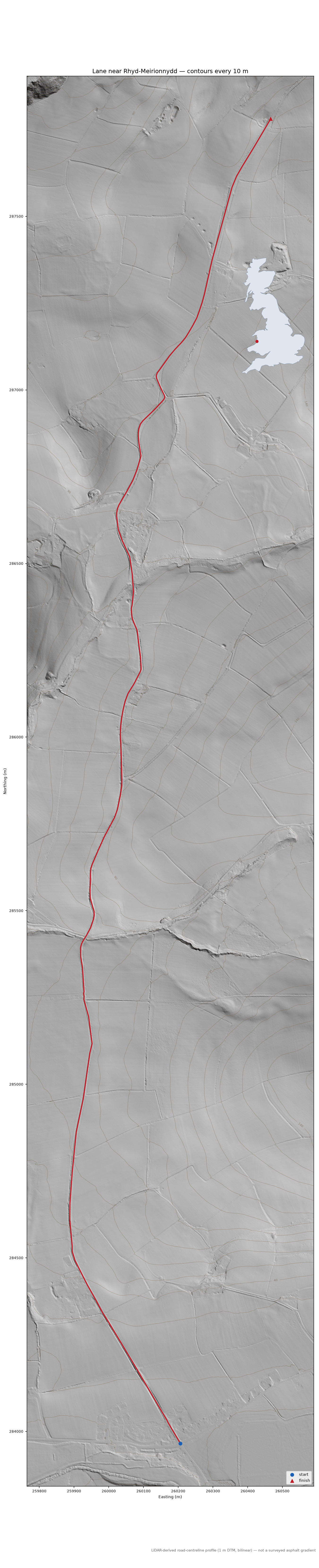 Lane near Rhyd-Meirionnydd LiDAR hillshade map with contours
