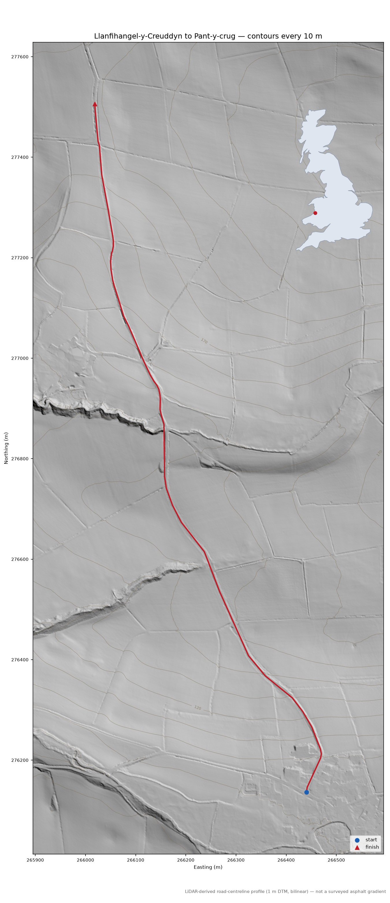 Llanfihangel-y-Creuddyn to Pant-y-crug LiDAR hillshade map with contours