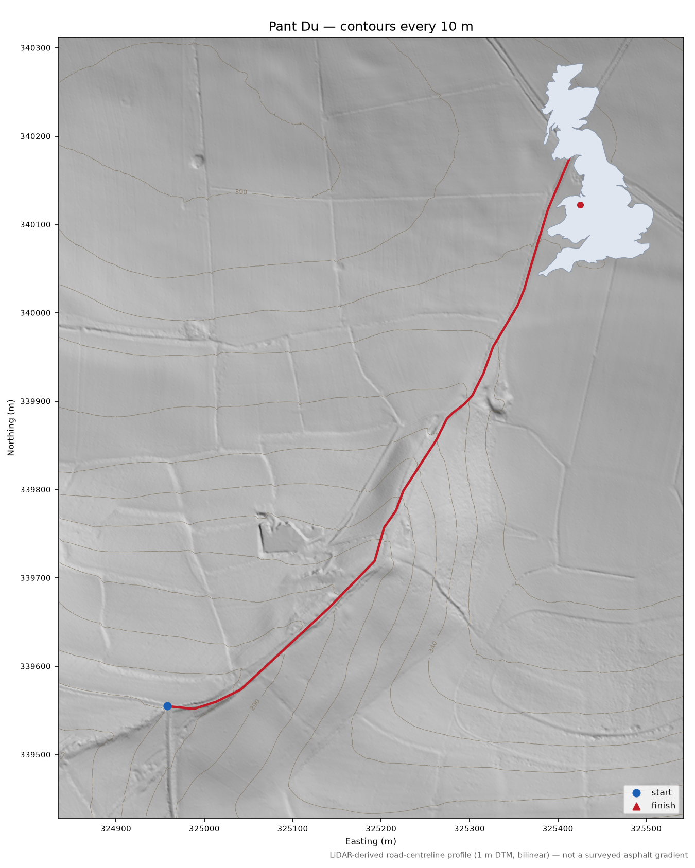 Pant Du LiDAR hillshade map with contours