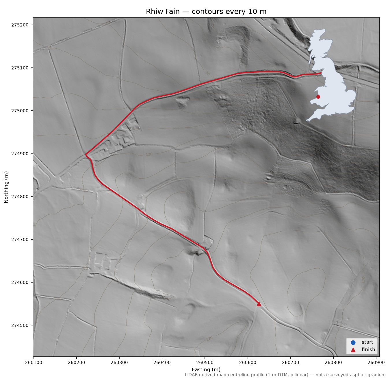 Rhiw Fain LiDAR hillshade map with contours