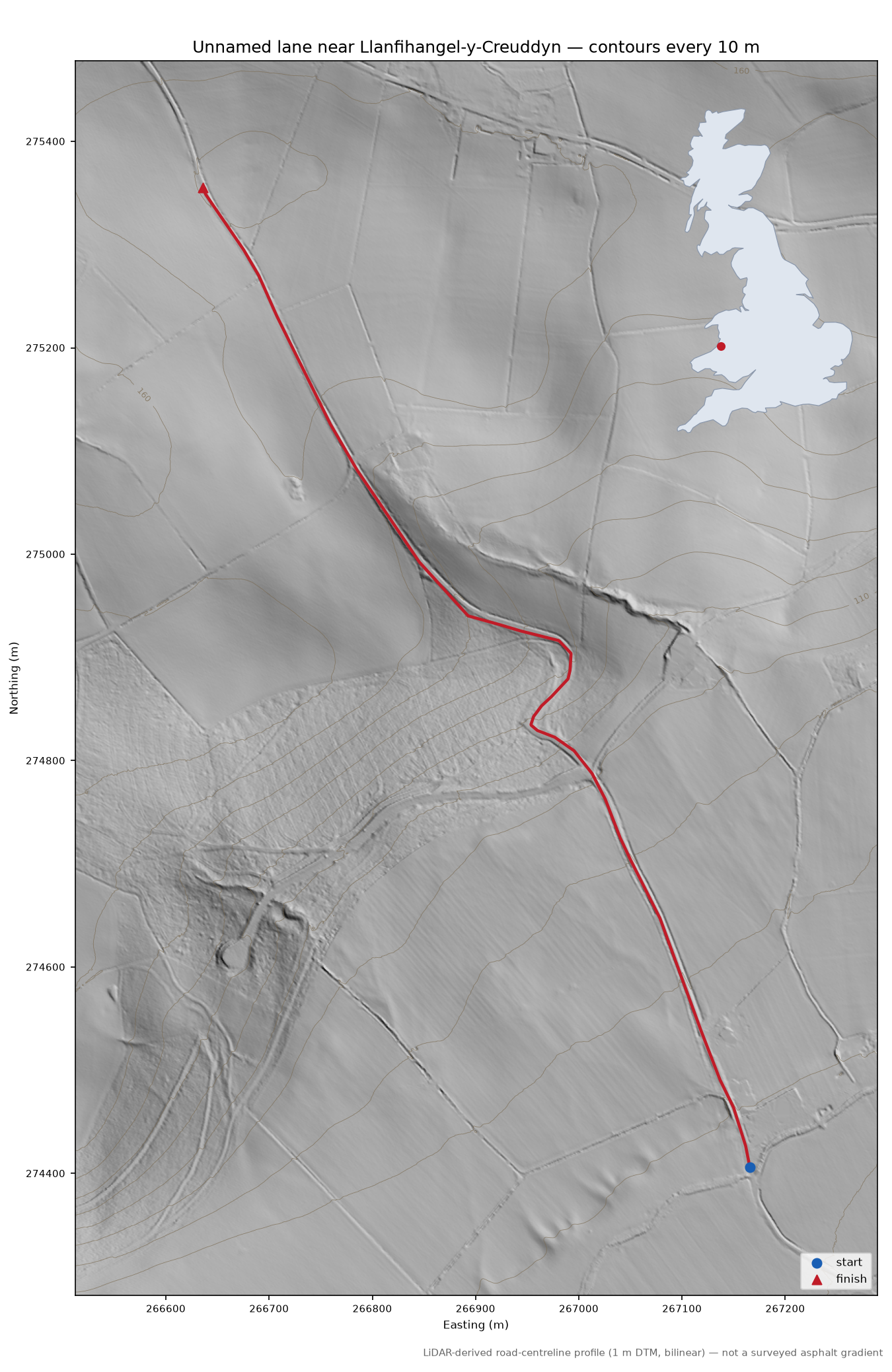 Unnamed lane near Llanfihangel-y-Creuddyn LiDAR hillshade map with contours