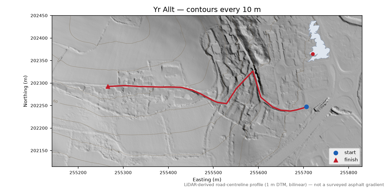 Yr Allt LiDAR hillshade map with contours